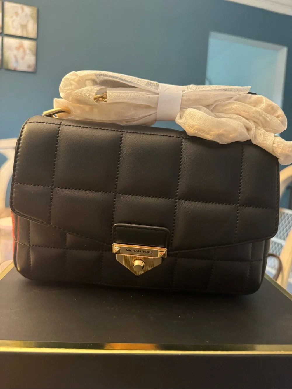 Michael Kors Black Quilted Crossbody Bag with Gold Hardware